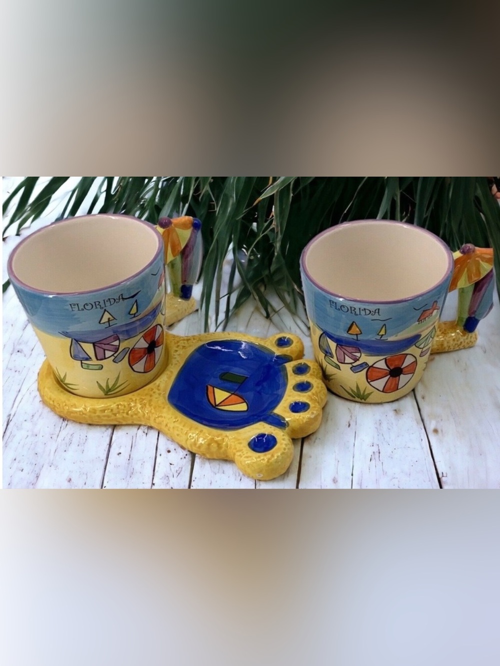 Coffee Tea 2 mug Mug Set with saucer Hang Ten Ceramic Hand Painted NEW